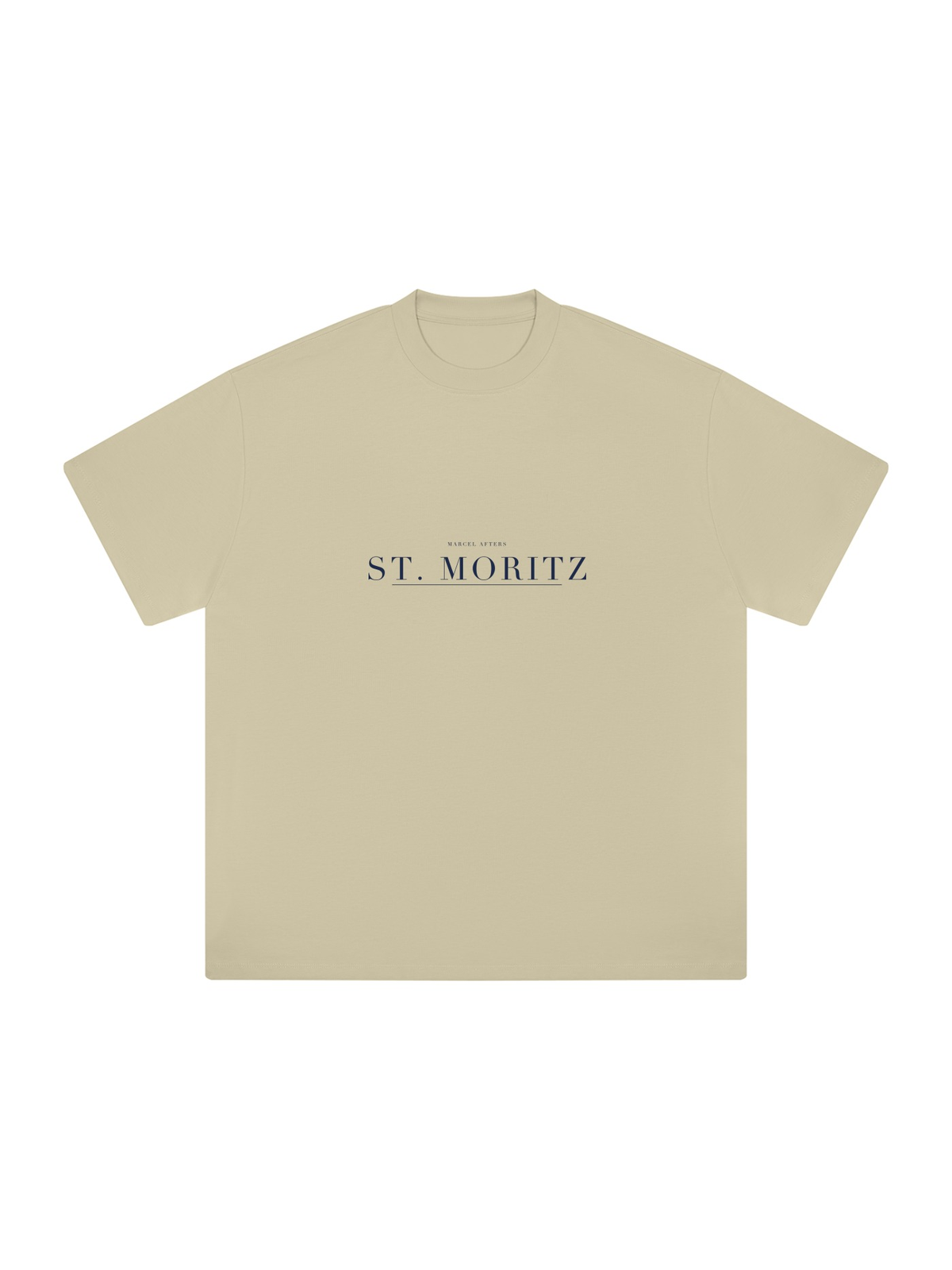 St. Moritz Heavyweight Drop Shoulder T-Shirt by Marcel Afters in Pale Khaki, front view with the printed artwork, on white