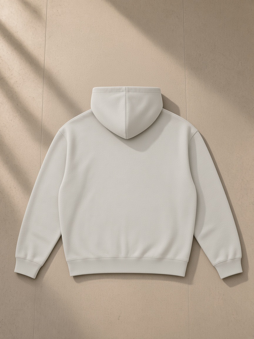 Unisex heavyweight hoodie in Gray, laid flat on pale limestone, back view