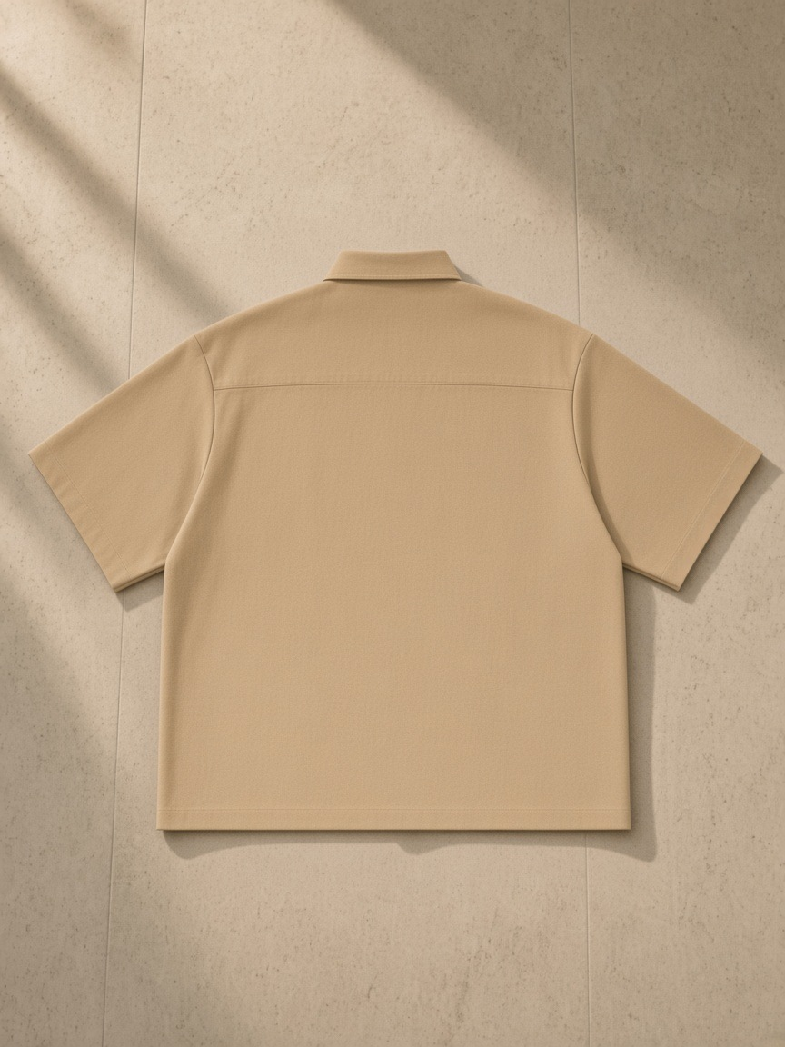 Boxy Heavyweight Short Sleeve Shirt in Khaki, laid flat on pale limestone, back.