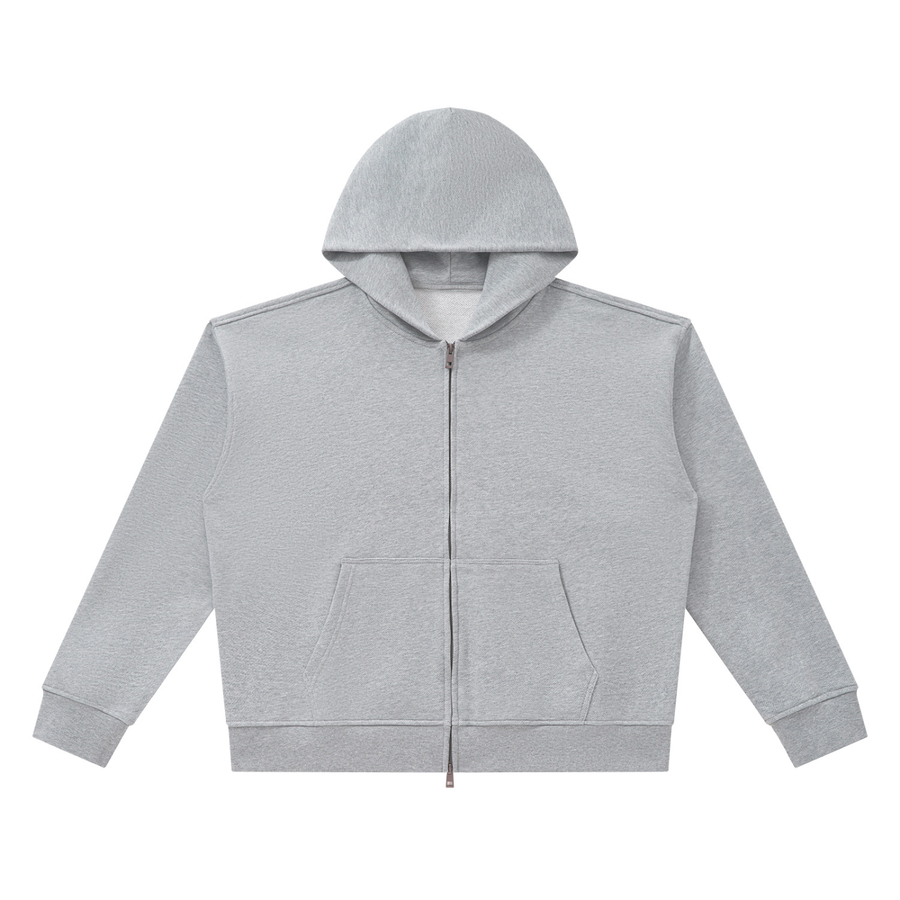 Women's heavyweight boxy full-zip hoodie in Flower Gray, front view: silver zip, kangaroo pocket, cropped boxy fit. Marcel Afters luxury essentials.