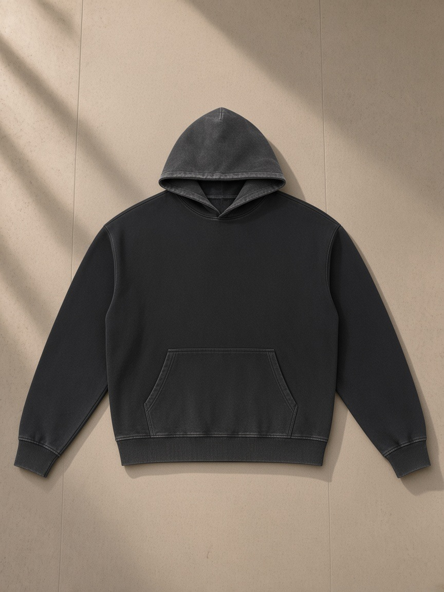 Vintage washed gradient fleece hoodie in Black, laid flat on pale limestone