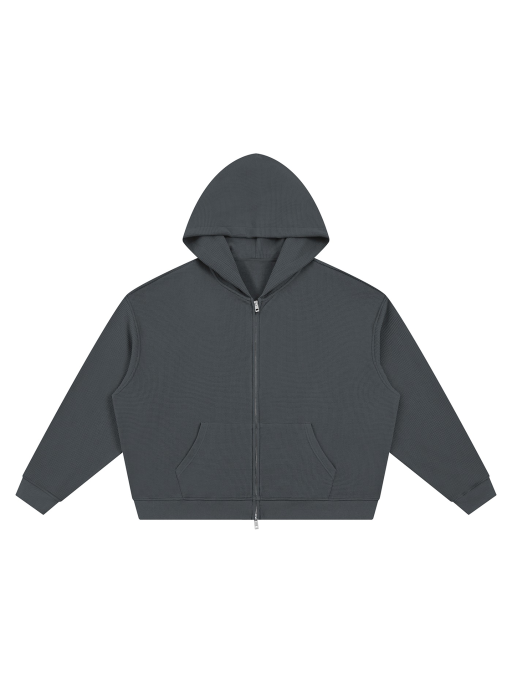 Unisex waffle boxy full zip hoodie in Dark Gray, front view on white. Marcel Afters