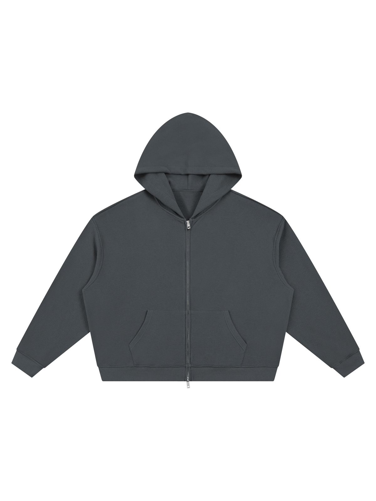Unisex waffle boxy full zip hoodie in Dark Gray, front view on white. Marcel Afters