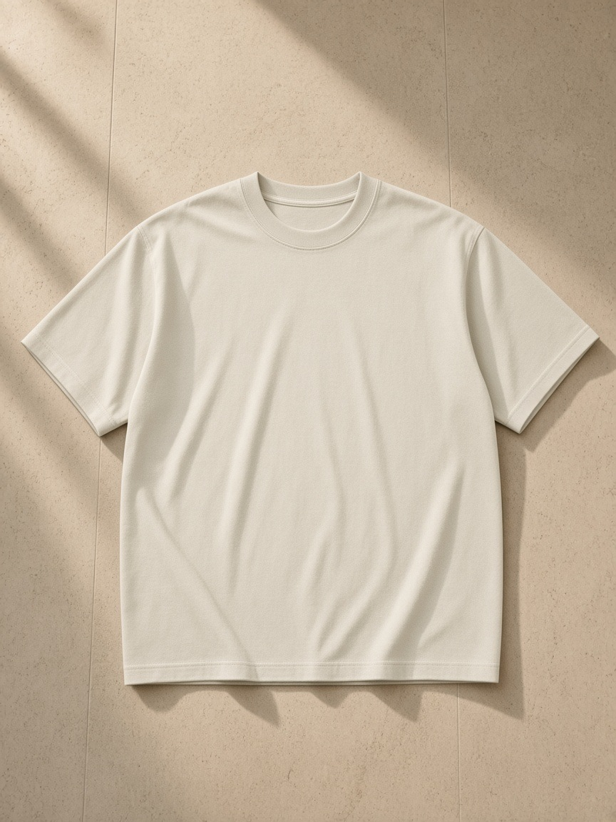 Men's Heavyweight Boxy T-Shirt in Gray, laid flat on pale limestone