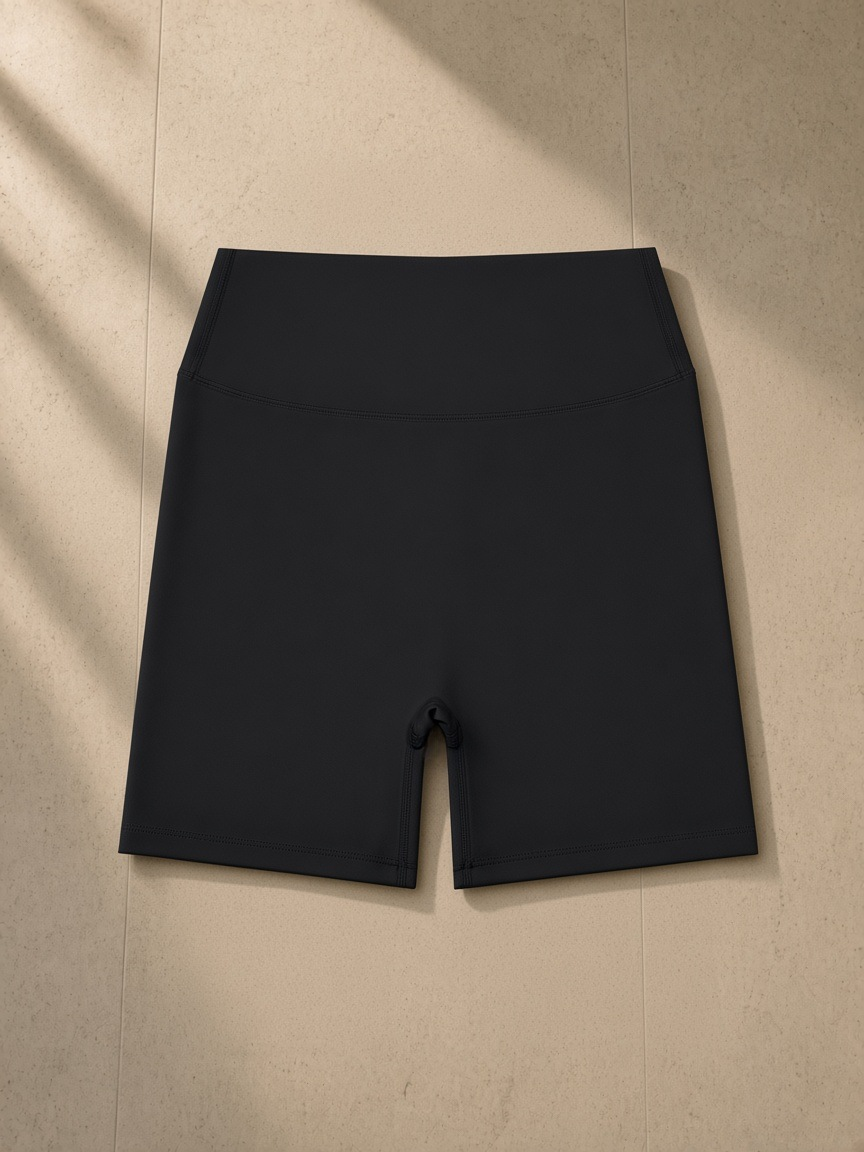 Women's High Waisted Yoga Biker Shorts in Black, laid flat on pale limestone