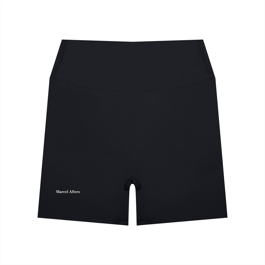 Women's High Waisted Yoga Biker Shorts in Black, front view, small Marcel Afters wordmark at the lower left leg