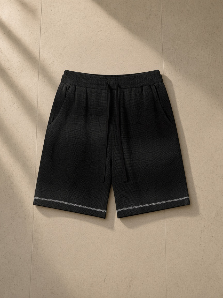 Sunfade waffle raw hem shorts in Black, laid flat on pale limestone