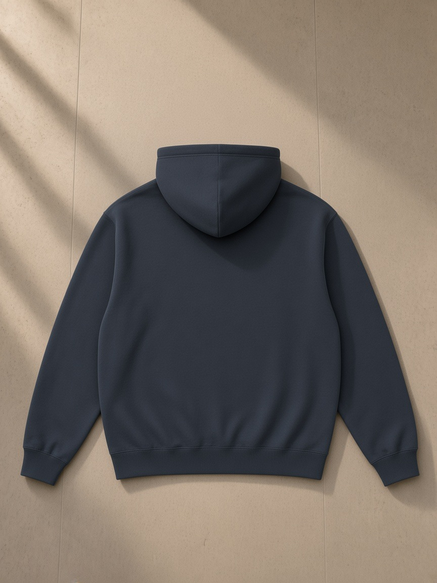 Unisex heavyweight hoodie in Navy Blue, laid flat on pale limestone, back view
