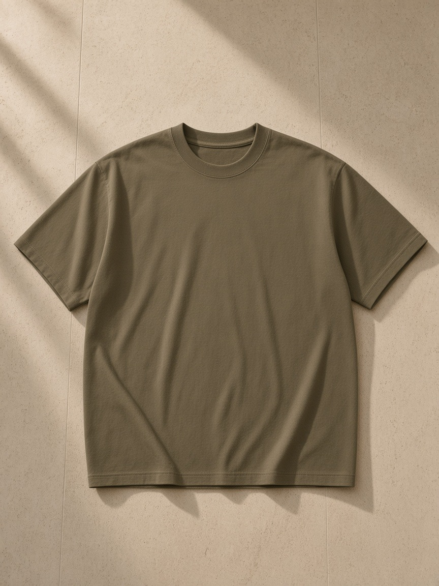 Unisex heavyweight drop shoulder cotton t-shirt in Deep Khaki tossed over a bouclé armchair in a Montana ranch lodge at night