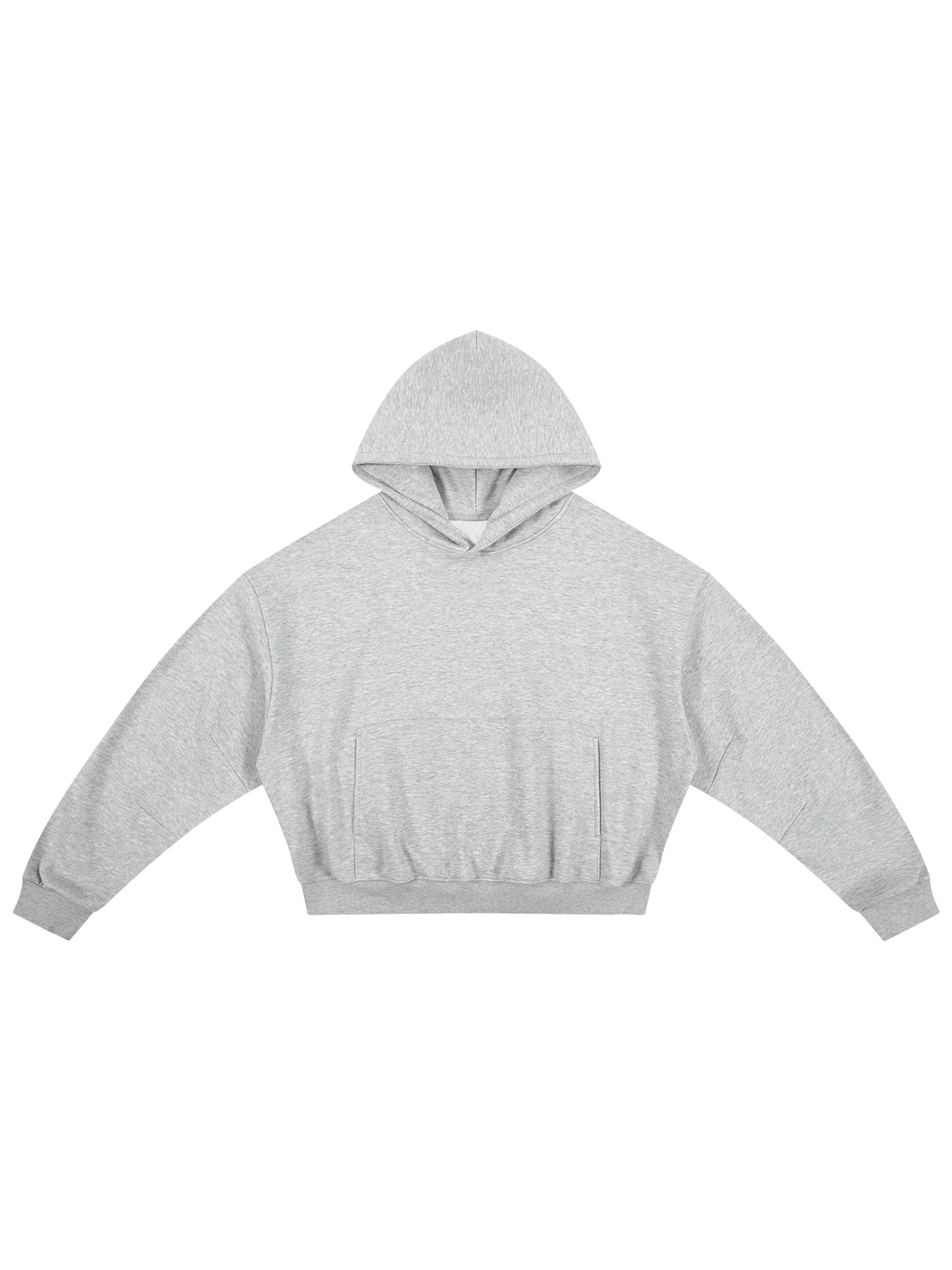 Unisex boxy darted sleeve hoodie in Flower Gray, front view on white. Marcel Afters