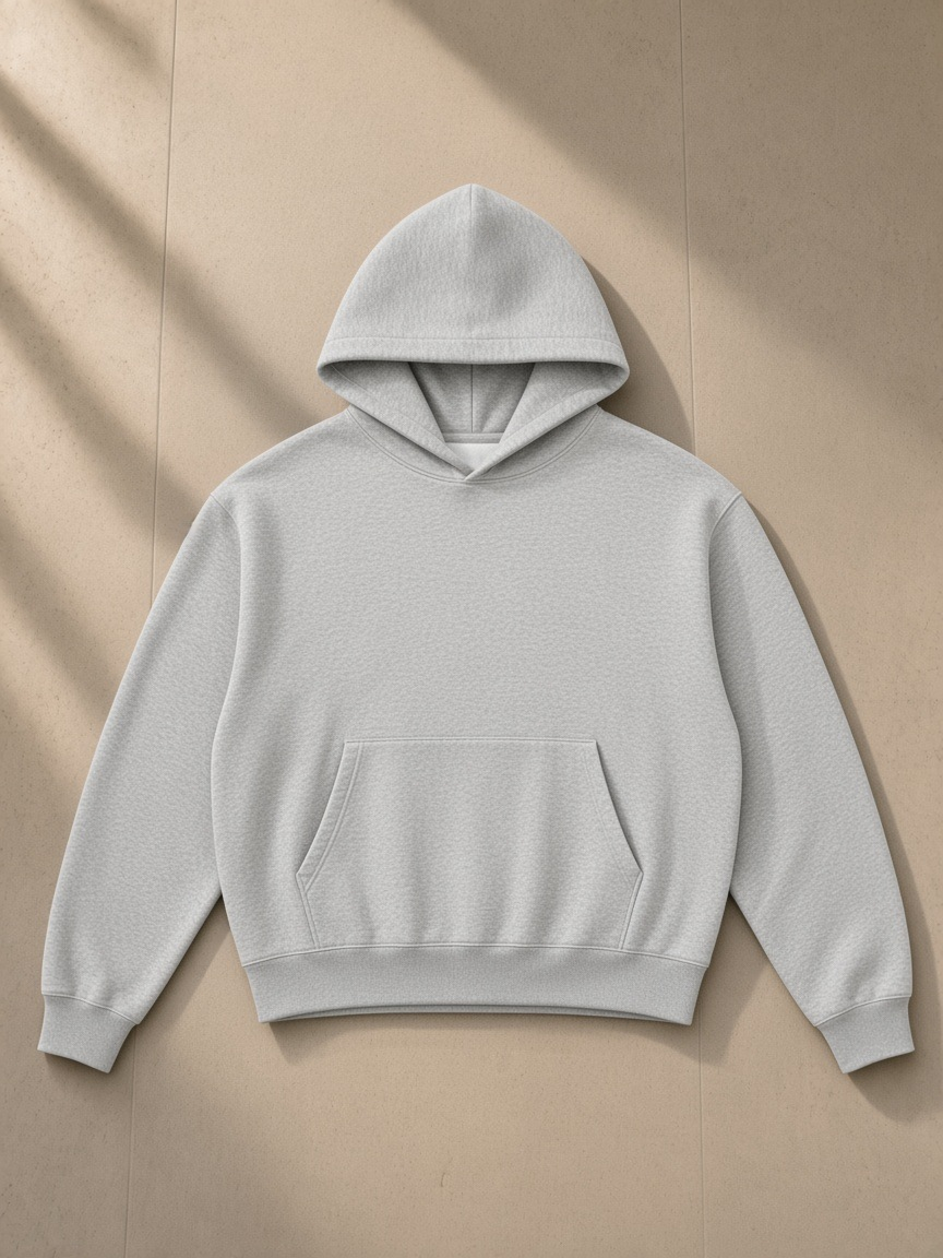 Unisex boxy darted sleeve hoodie in Flower Gray, laid flat on pale limestone