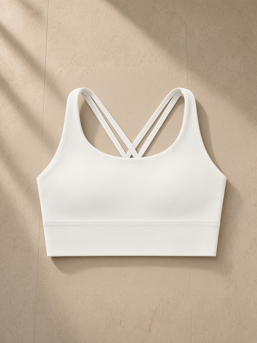 Strappy criss-cross sports bra in White, laid flat on pale limestone