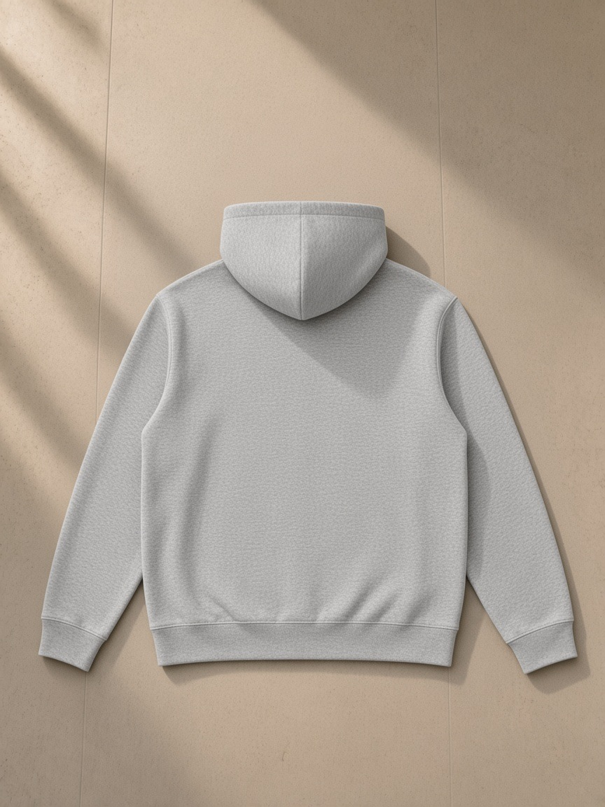 Back of the Flower Gray Men's Essential Heavyweight High Neck Zip-Up Hoodie, laid flat