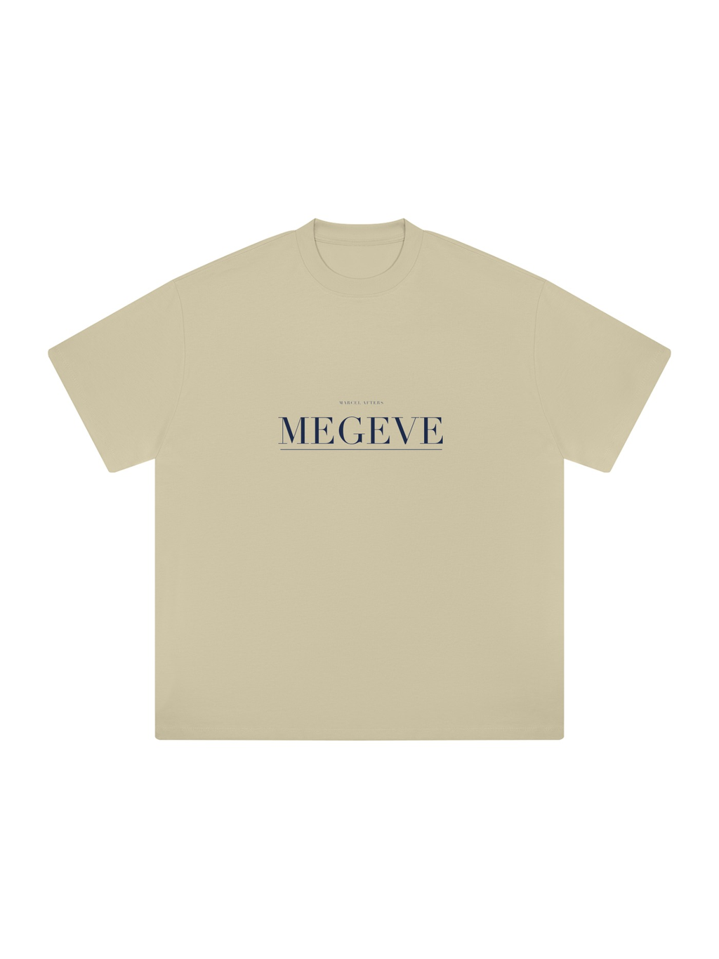 Megève Heavyweight Drop Shoulder T-Shirt by Marcel Afters in Pale Khaki, front view with the printed artwork, on white