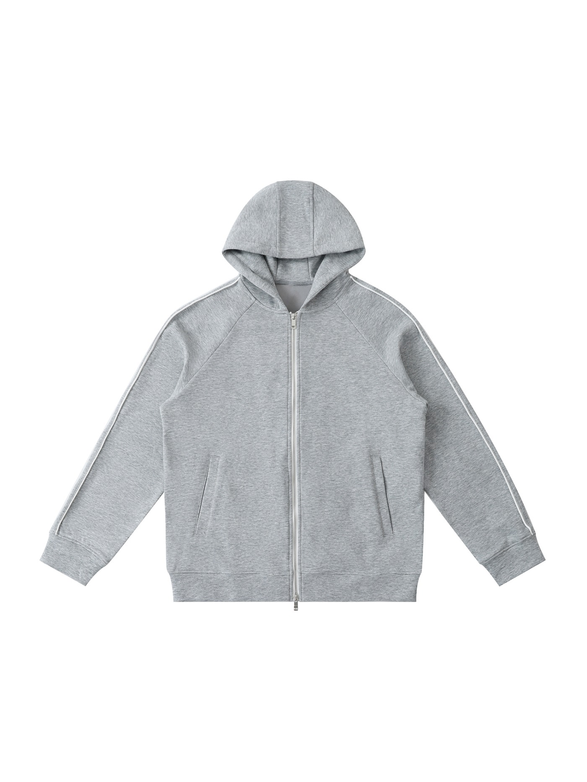 Unisex heavyweight raglan sleeve zip hoodie in Flower Gray, front view on white. Marcel Afters
