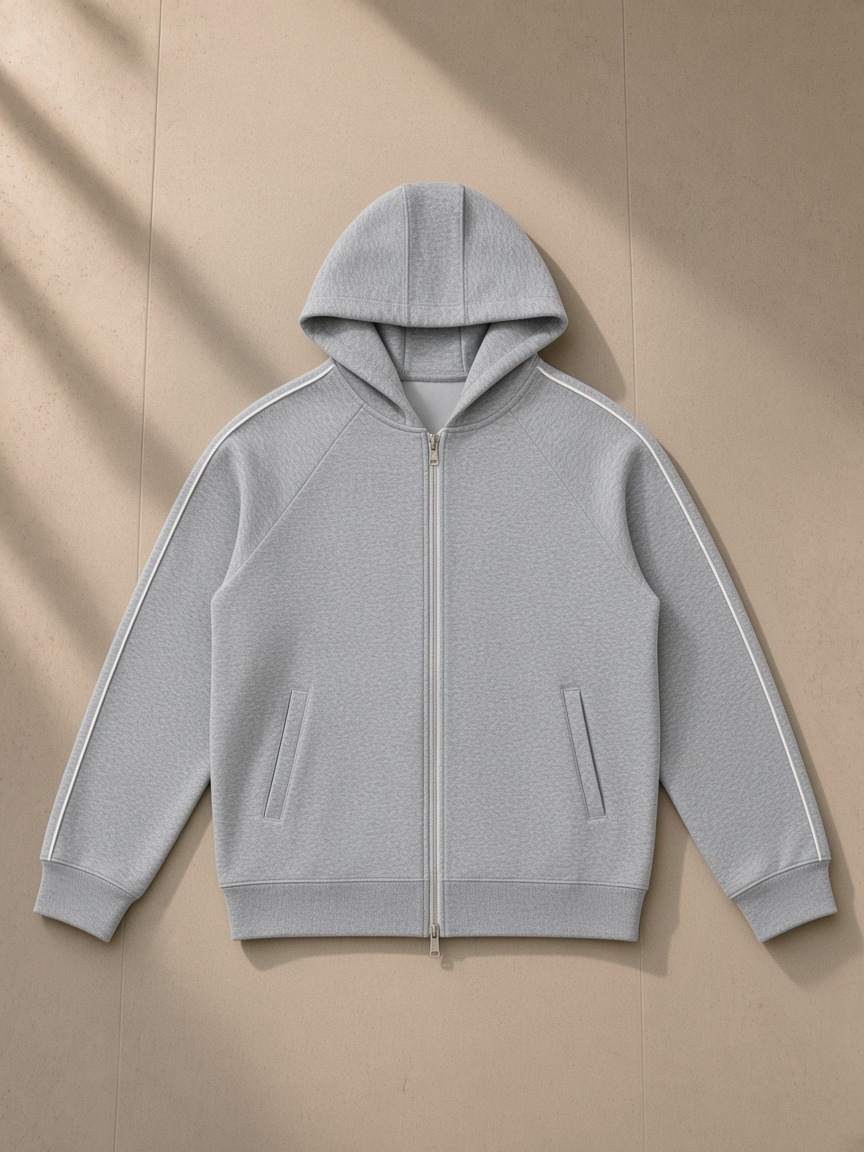 Heavyweight raglan sleeve zip hoodie in Flower Gray, laid flat on pale limestone