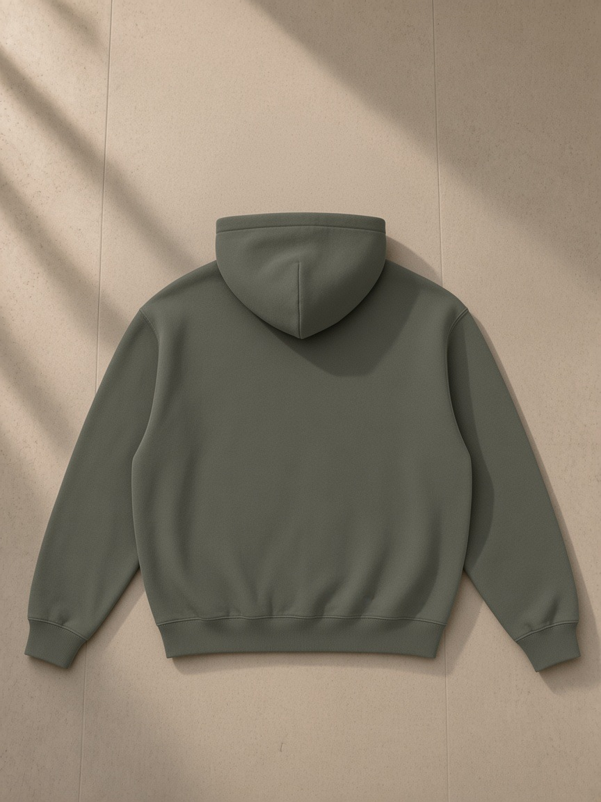 Fleeced boxy hoodie in Dark Gray, laid flat on pale limestone, back view