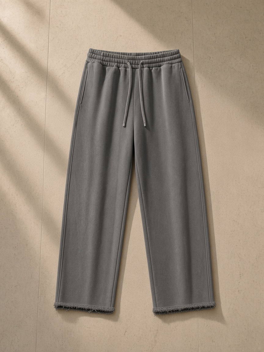 Frayed enzyme washed fleece sweatpants in Dark Gray, laid flat on pale limestone