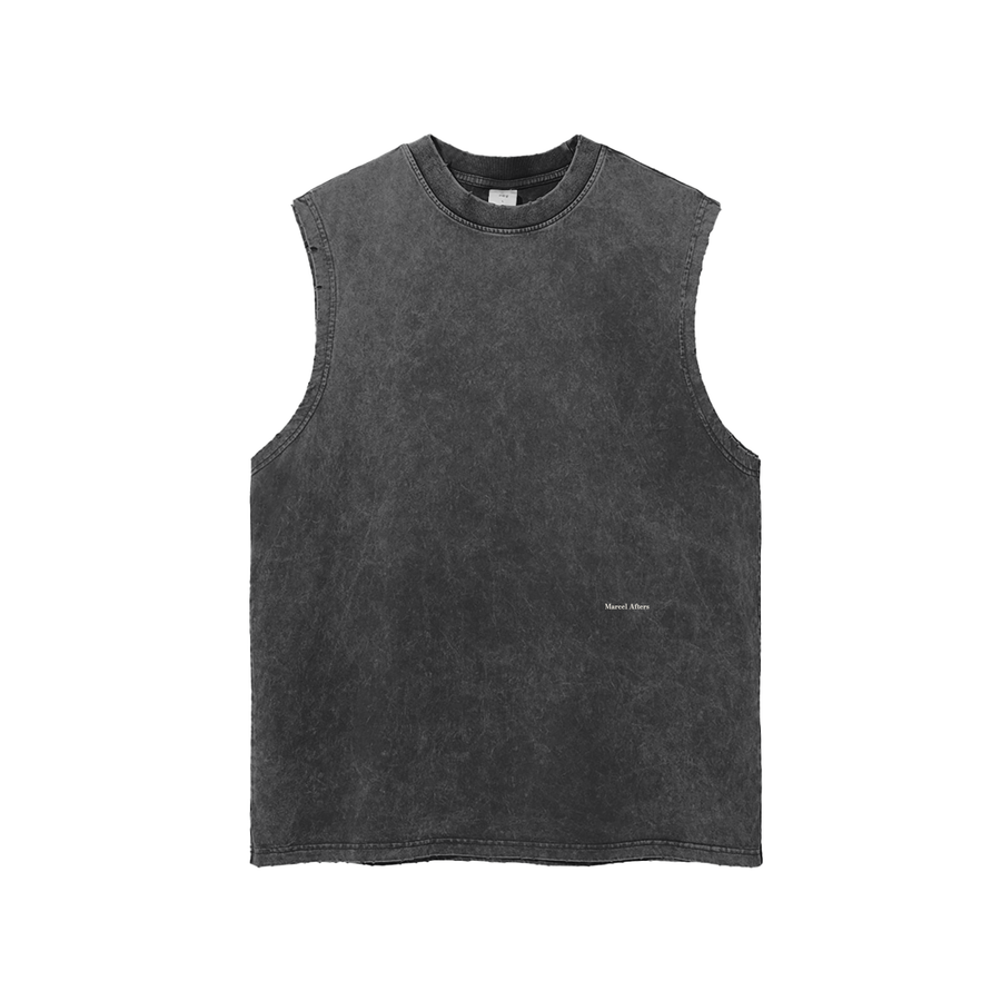 Snow Washed Frayed Hem Tank Top in Black, front view, small Marcel Afters wordmark at the lower left front.