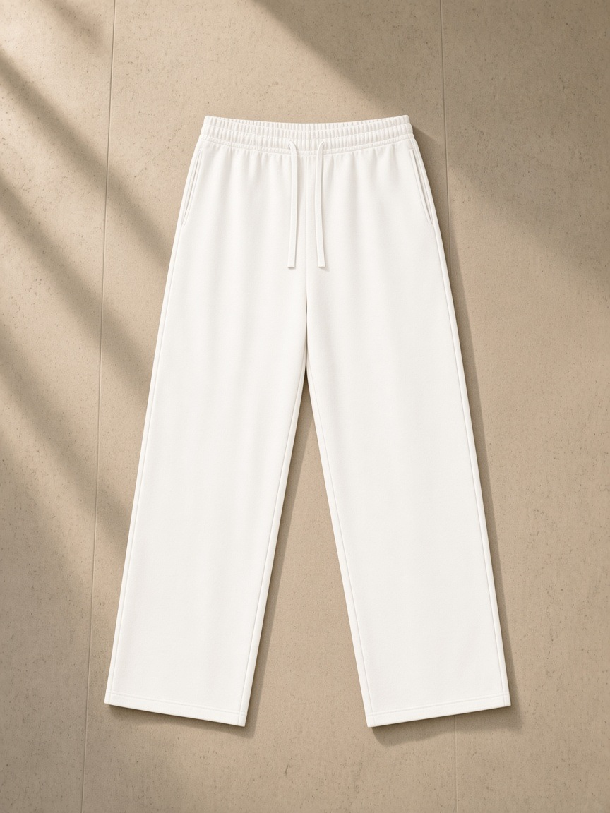 Straight Leg Sweatpants in White, laid flat on pale limestone
