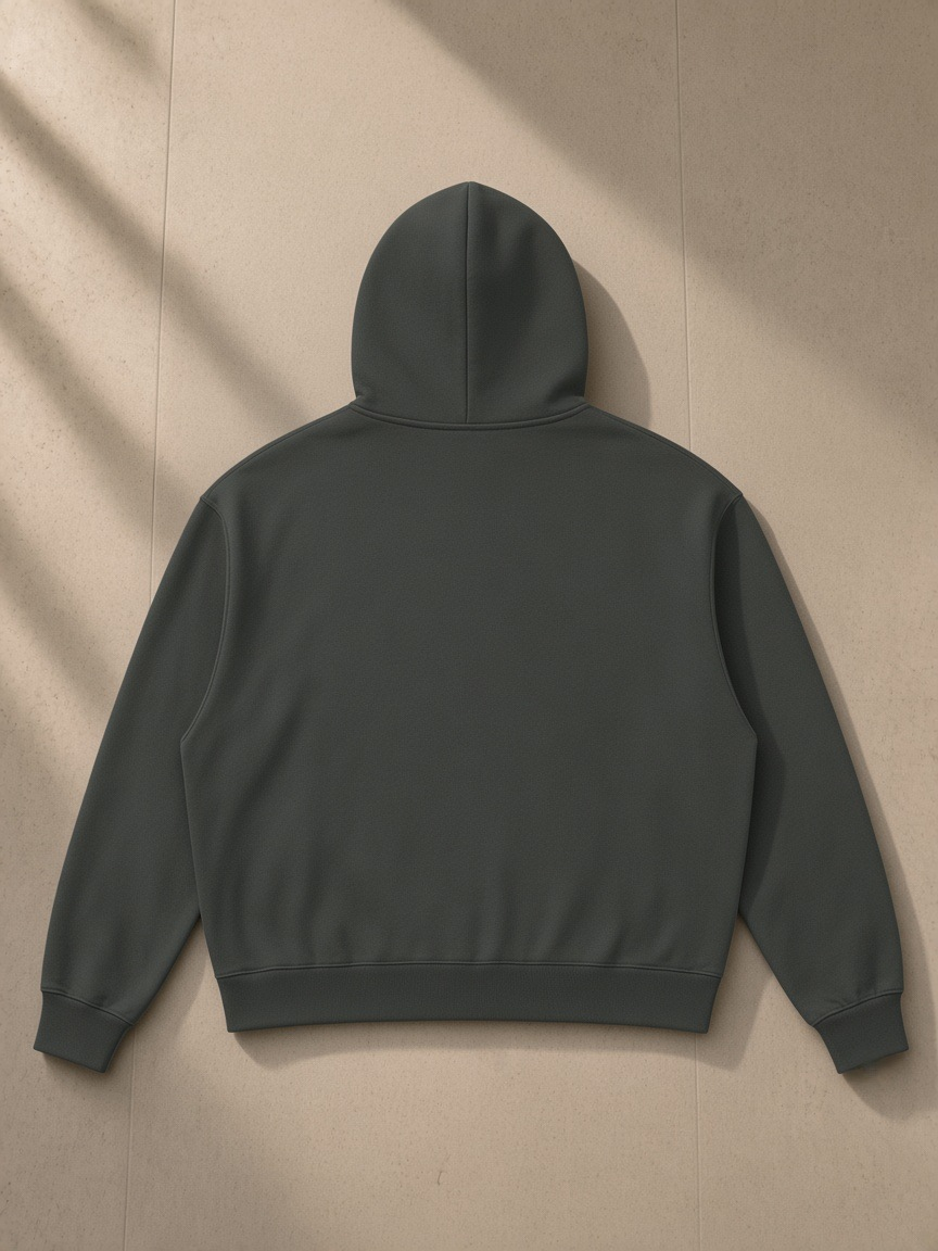 Drop Shoulder Hoodie in Dark Gray, laid flat on pale limestone, back view