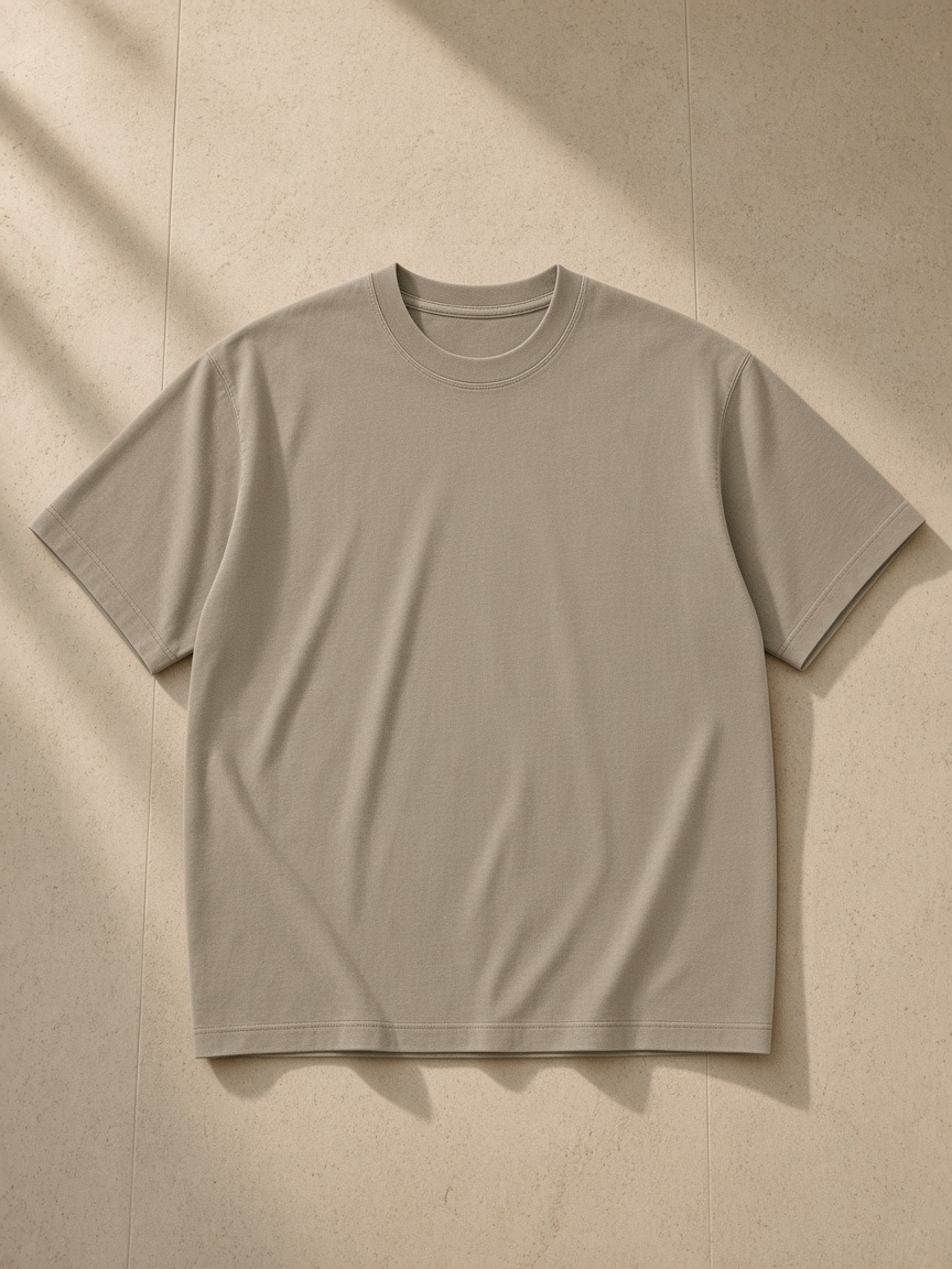 Vintage Wash Boxy T-Shirt in Light Coffee, laid flat on pale limestone