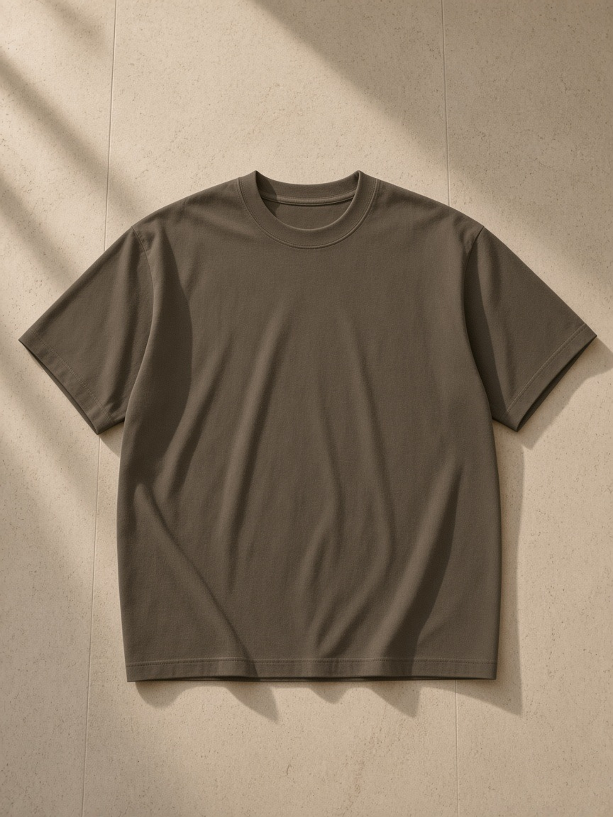 Men's Heavyweight Earth Tone T-Shirt in Brown, laid flat on pale limestone