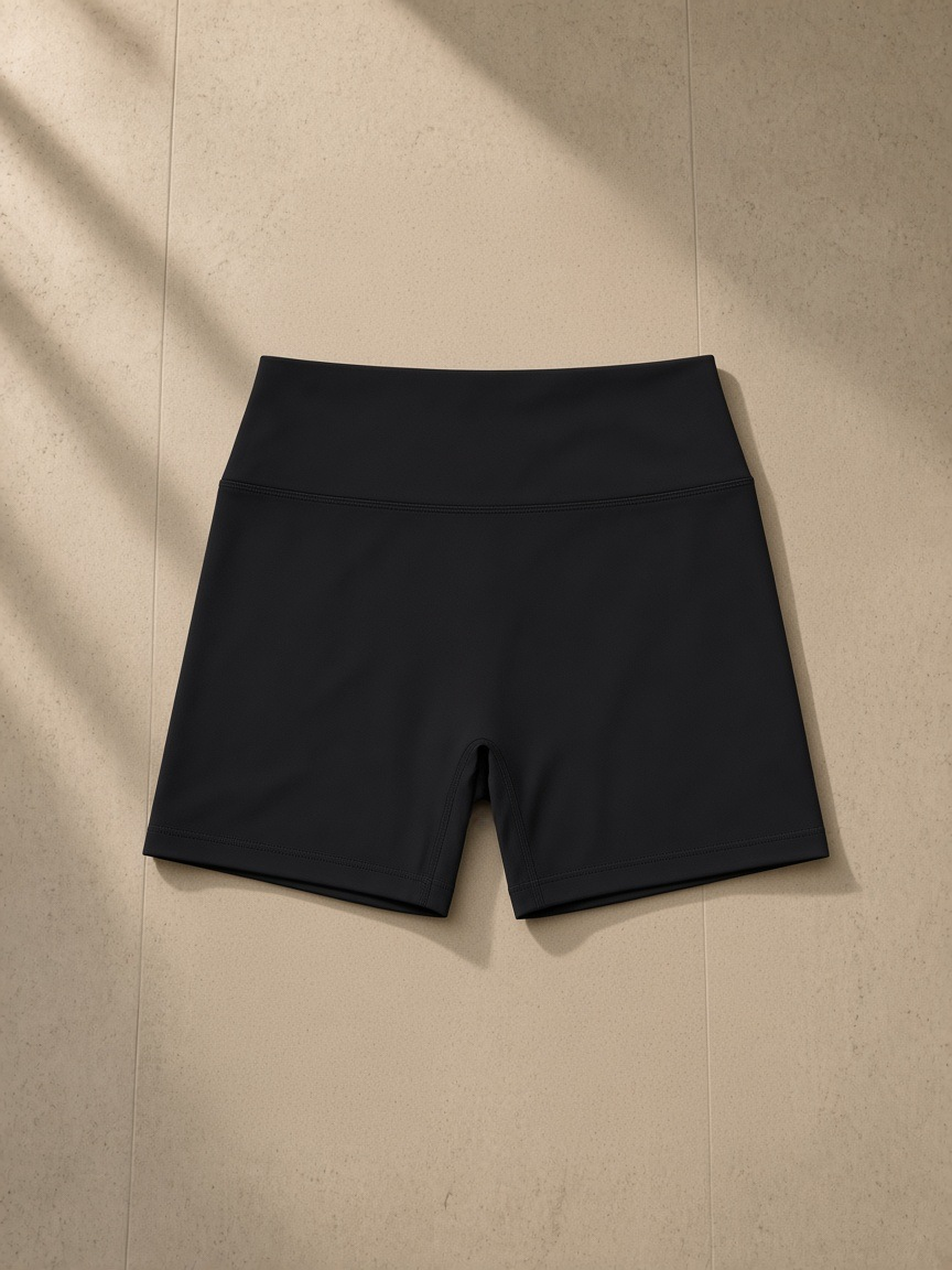 Women's High Rise Yoga Shorts in Black, laid flat on pale limestone