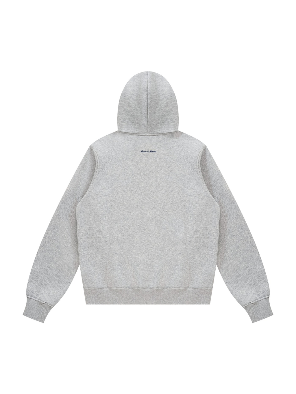 Unisex fleece regular shoulder hoodie in Flower Gray, back view on white. Marcel Afters