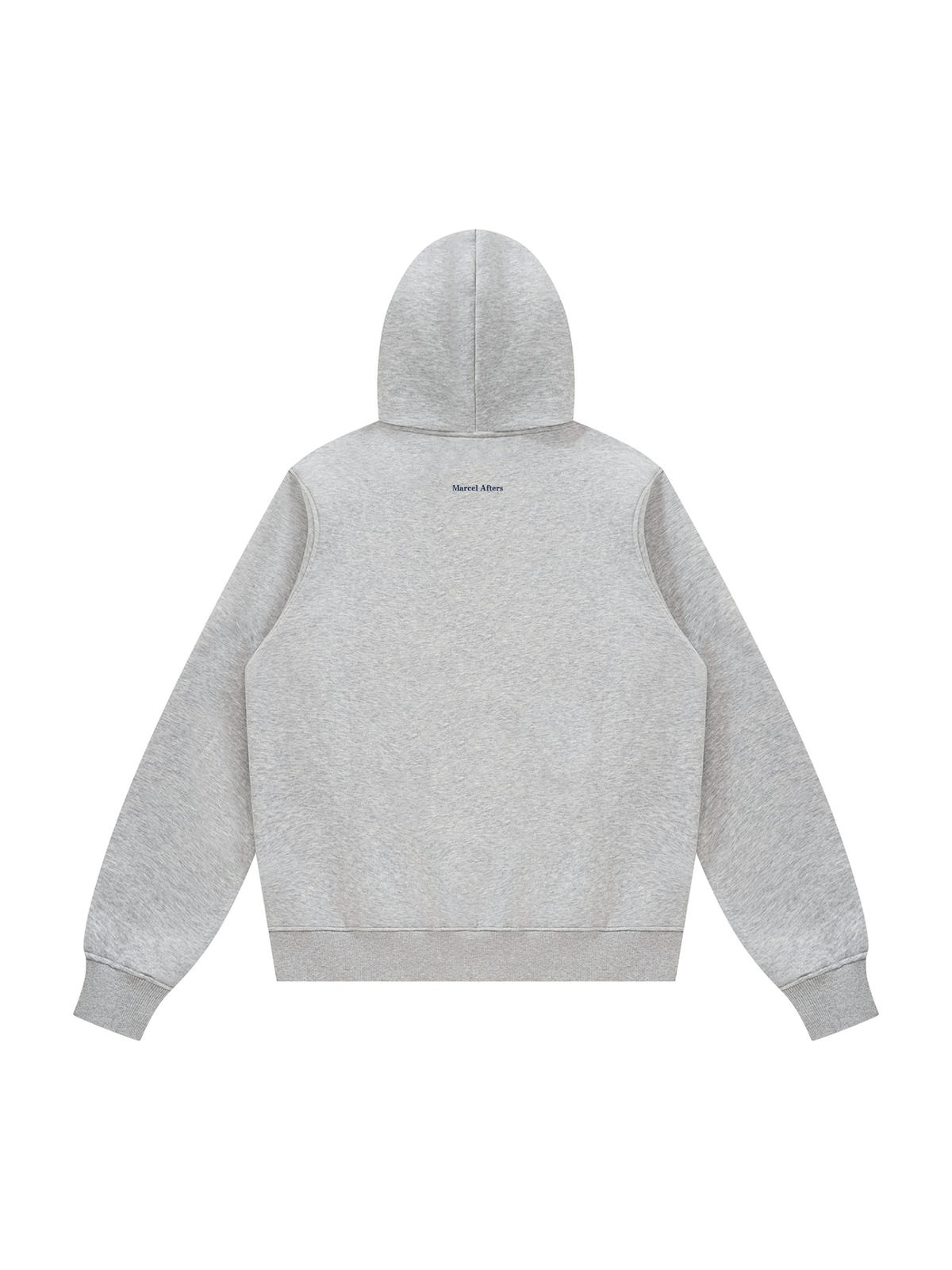Unisex fleece regular shoulder hoodie in Flower Gray, back view on white. Marcel Afters