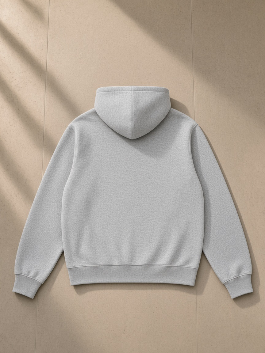 Unisex fleece regular shoulder hoodie in Flower Gray, laid flat on pale limestone, back view