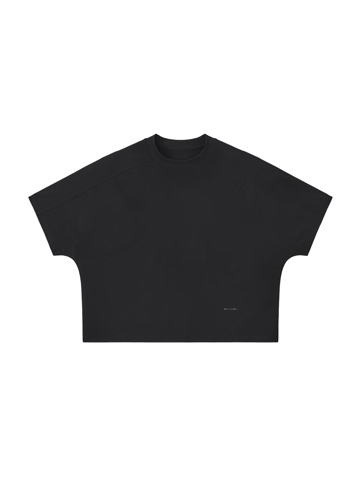 Boxy Tonal Paneling T-Shirt in Black, laid flat on pale limestone, front.