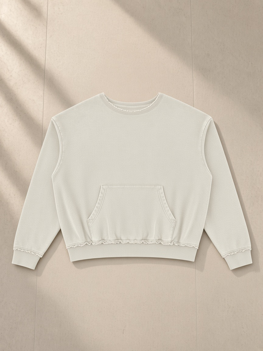 Raw Edge Crewneck Sweatshirt in Khaki Green, laid flat on pale limestone, front.