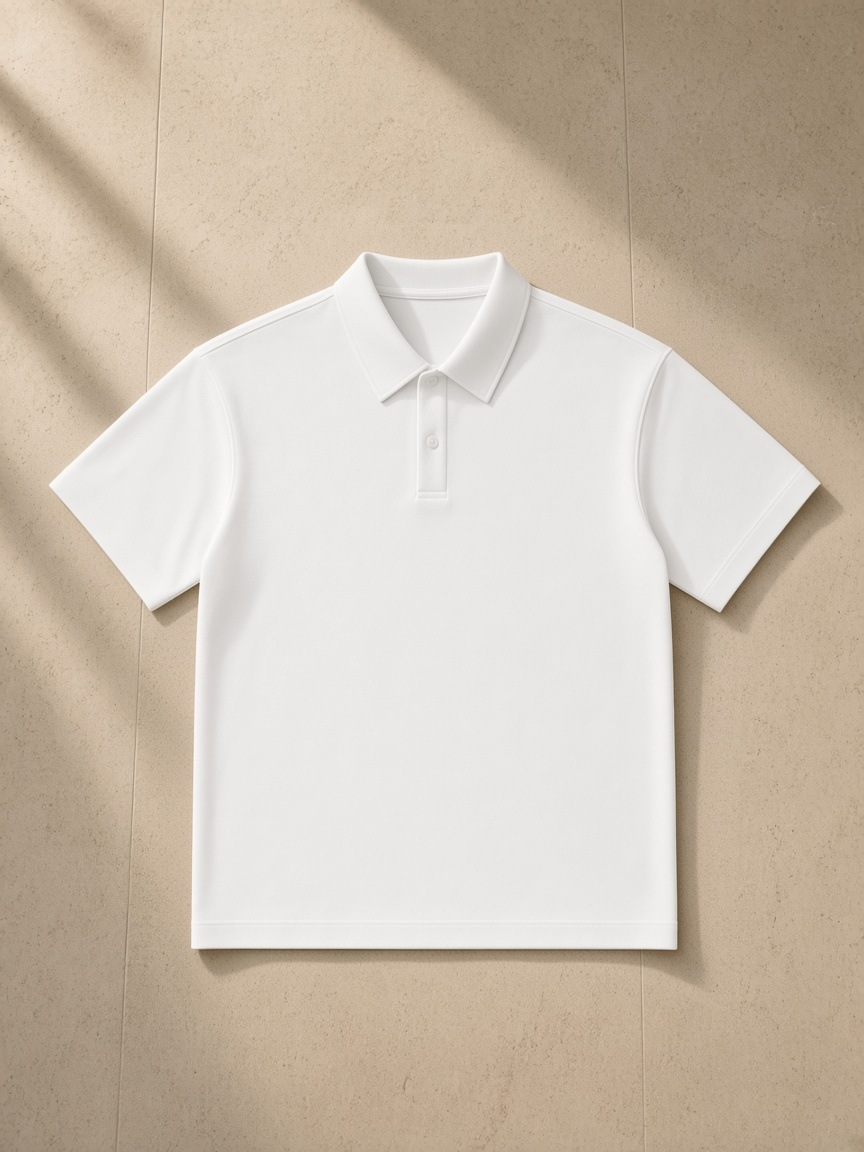 Drop Shoulder Short-Sleeve Polo in White, laid flat on pale limestone