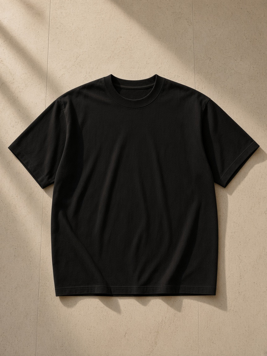 Heavyweight Loose Fit T-Shirt in Black, laid flat on pale limestone
