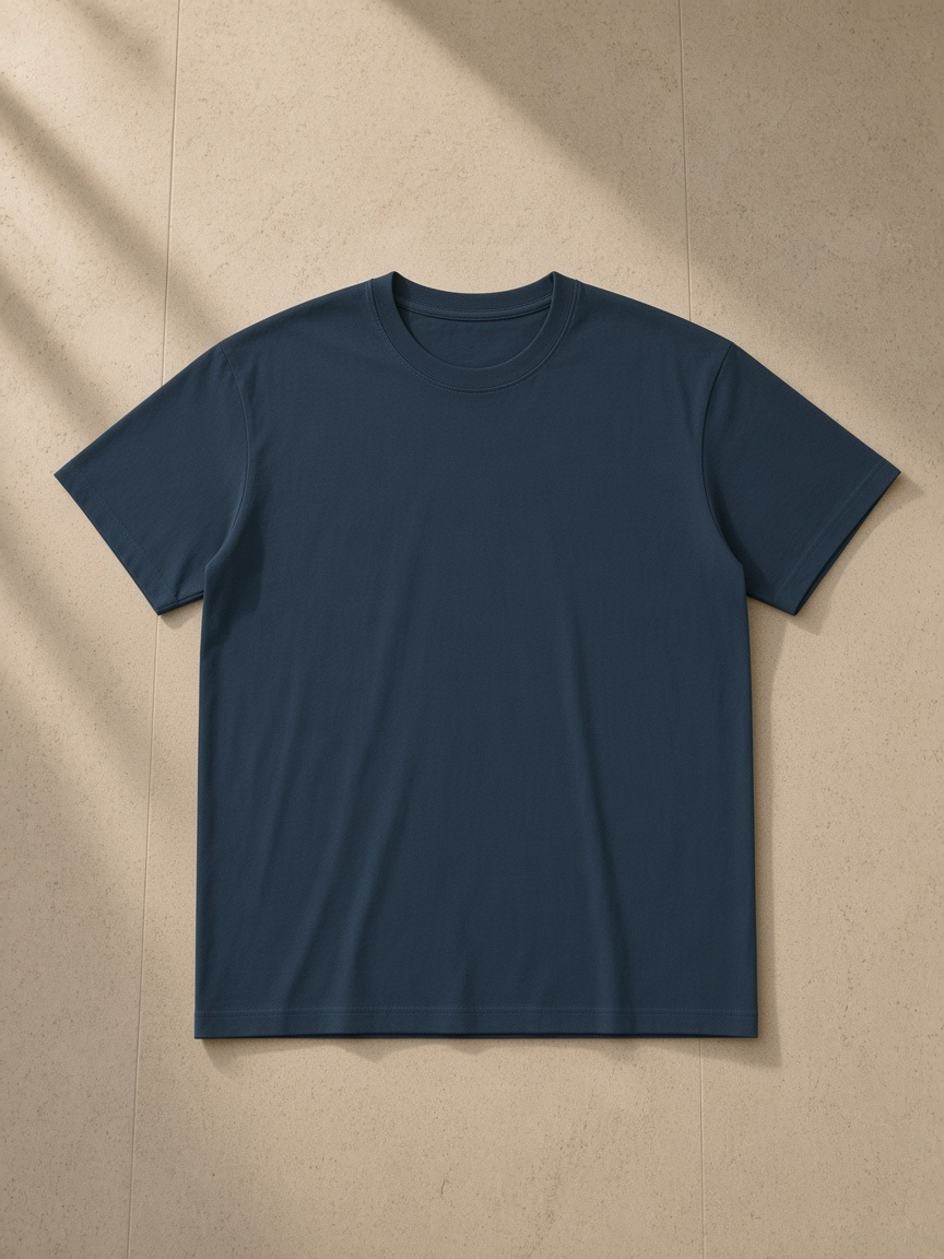 Pure Cotton T-Shirt in Navy Blue, laid flat on pale limestone