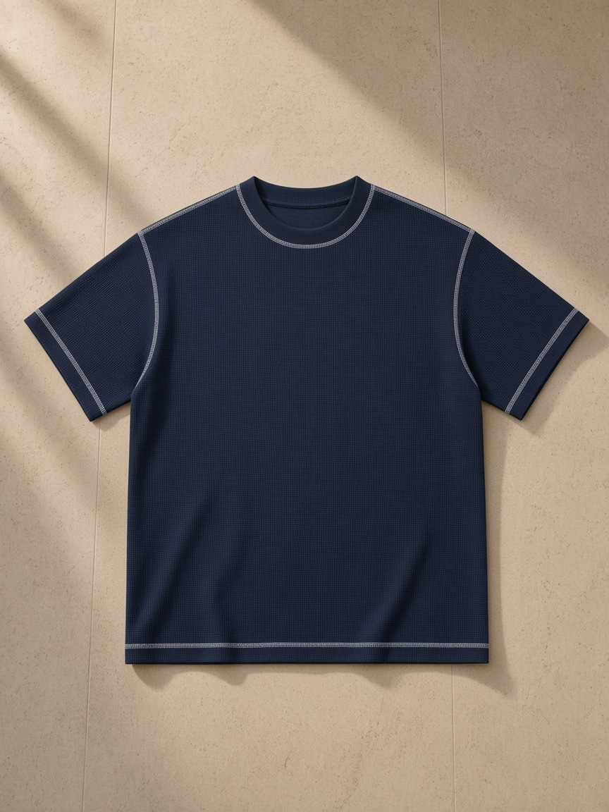 Unisex sunfade waffle boxy t-shirt in Navy Blue, laid flat on pale limestone