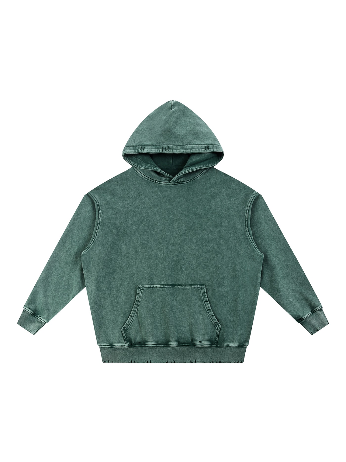 Snow Wash Hand-Frayed Heavyweight Hoodie in Blackish Green, front view