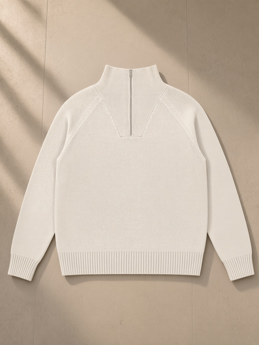 Front of the Beige Quarter-Zip Pullover Sweatshirt, laid flat
