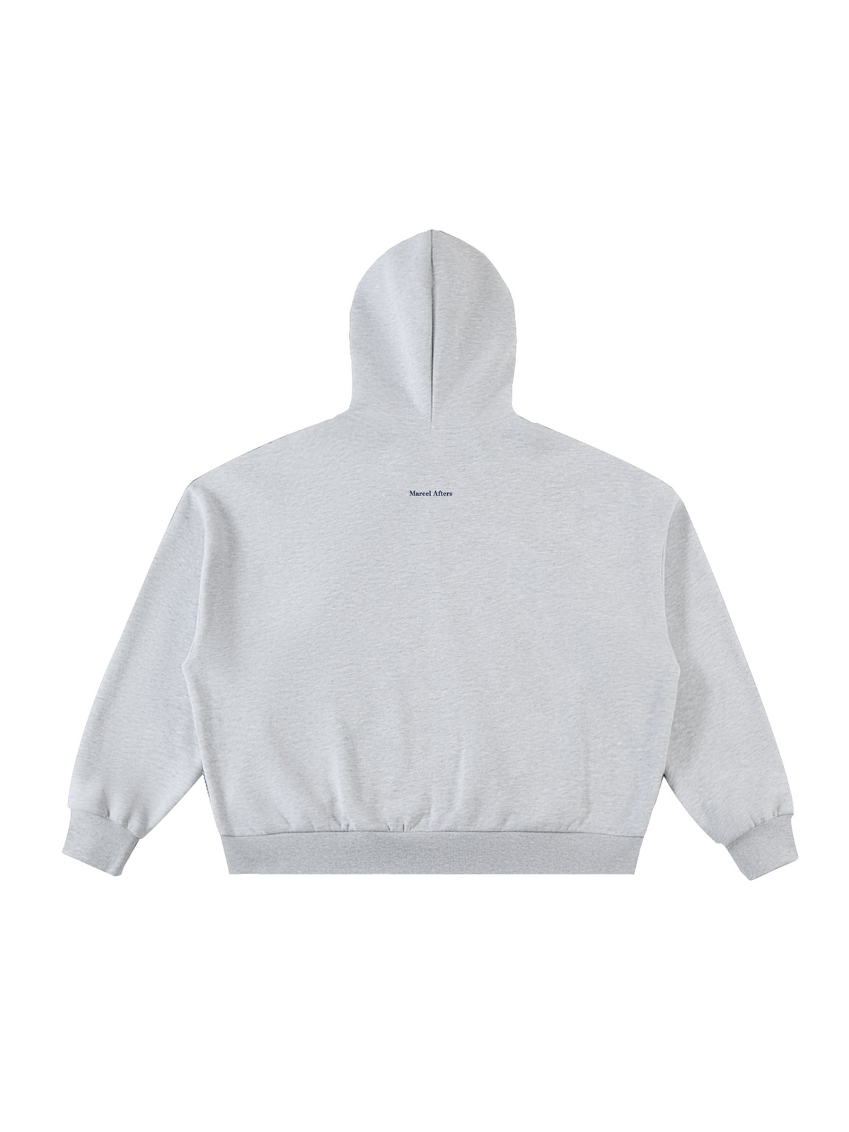 Men's fleeced full-zip boxy hoodie in Flower Gray, back view on white. Marcel Afters