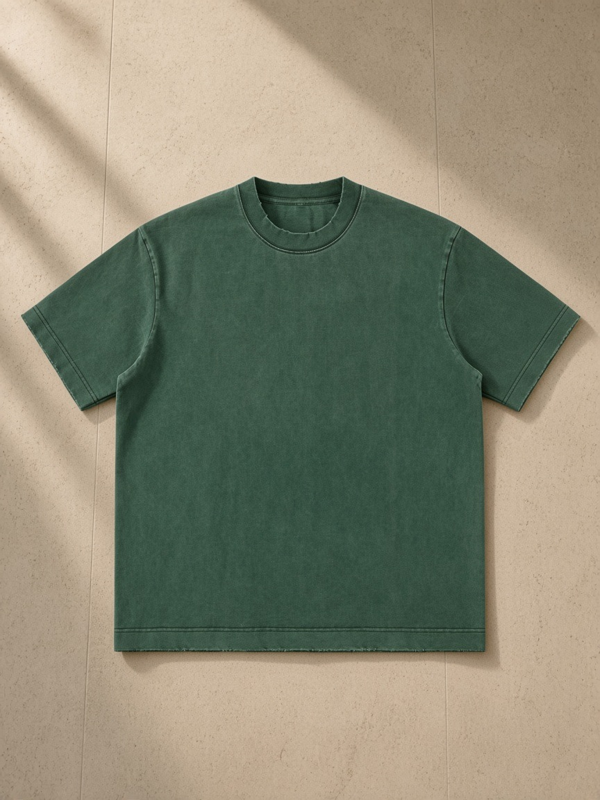 Men's heavyweight vintage washed frayed t-shirt in Retro Green, laid flat on pale limestone