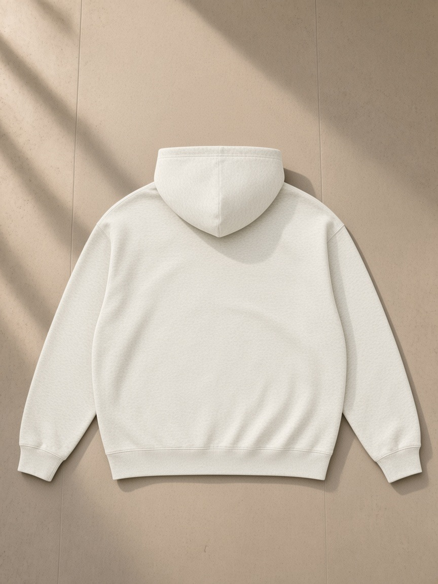 Oversize fleeced hoodie in Oat Gray, laid flat on pale limestone, back view