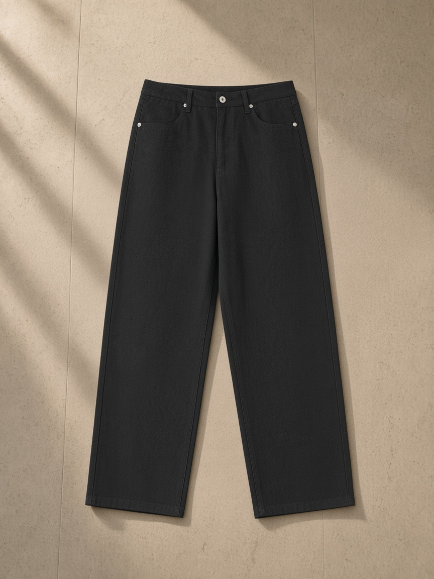 Heavyweight Cotton Straight-Leg Pants in Black, laid flat on pale limestone