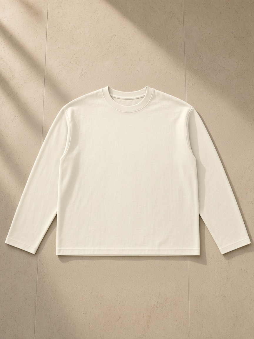 Sunfade boxy long sleeve t-shirt in Apricot, laid flat on pale limestone