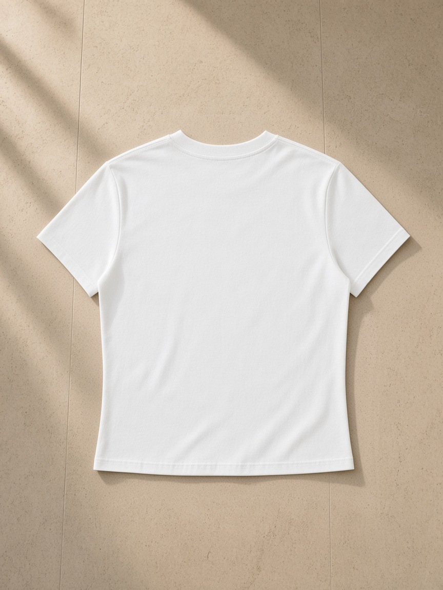 Essential Bodycon Crewneck T-Shirt in White, laid flat on pale limestone, back view