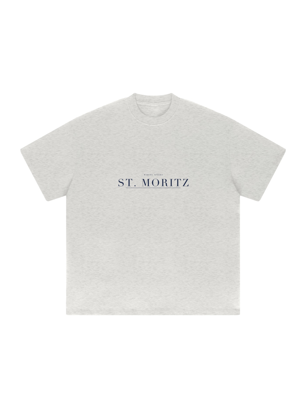 St. Moritz Heavyweight Drop Shoulder T-Shirt by Marcel Afters in Oat Gray, front view with the printed artwork, on white
