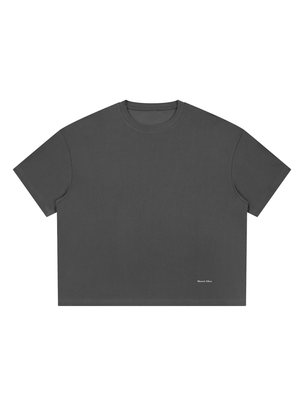 Unisex boxy Coolmax t-shirt in Dark Gray, front view on white. Marcel Afters