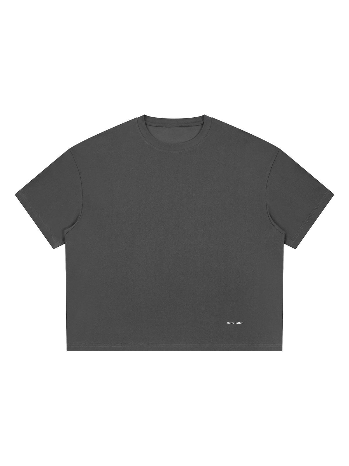 Unisex boxy Coolmax t-shirt in Dark Gray, front view on white. Marcel Afters