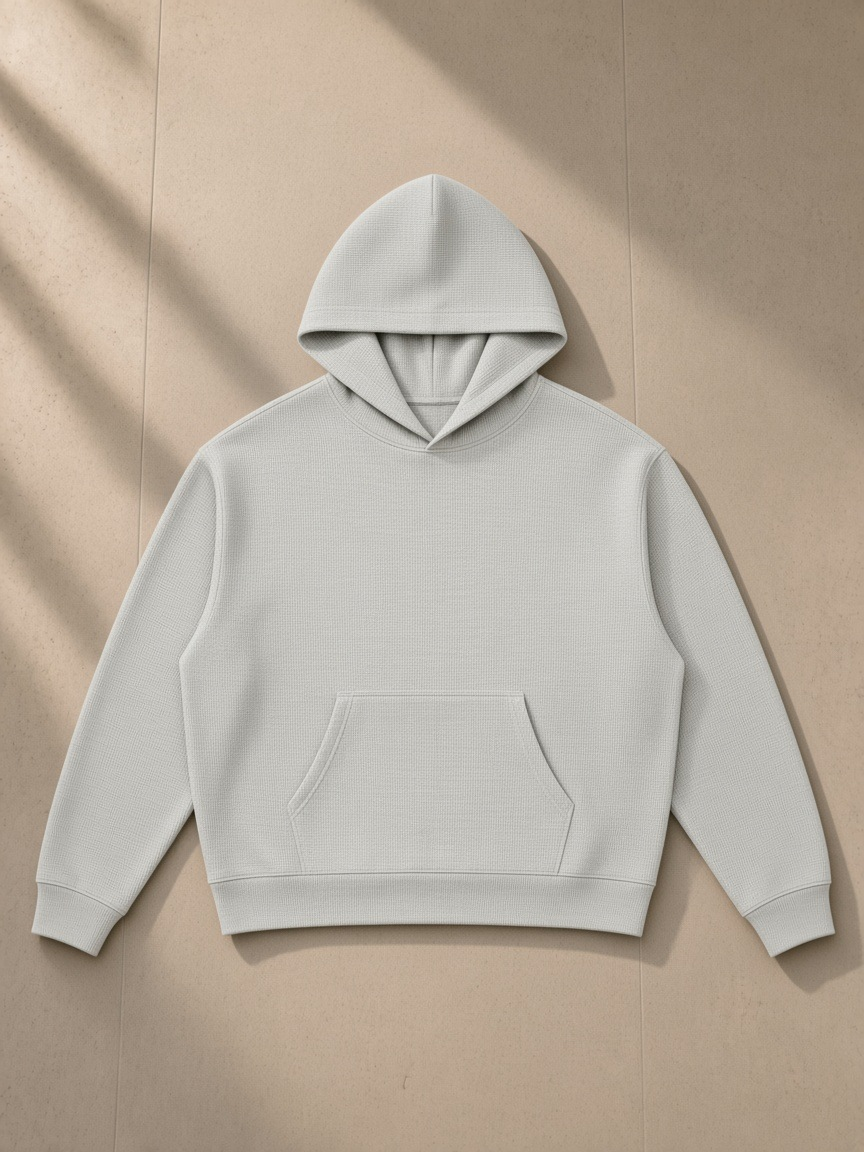 Waffle boxy hoodie in Oat Gray, laid flat on pale limestone