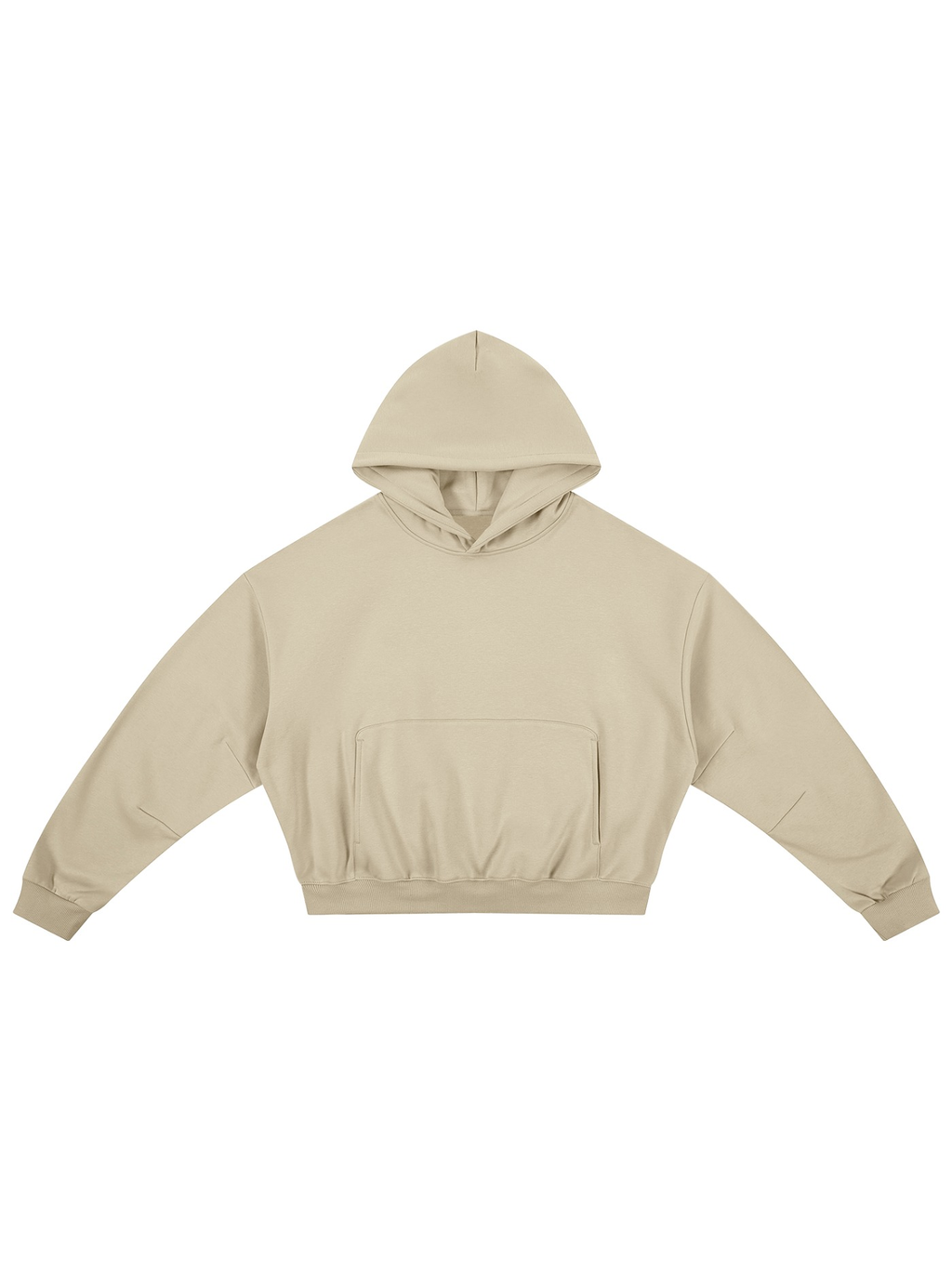 Unisex boxy darted sleeve hoodie in Apricot, front view on white. Marcel Afters